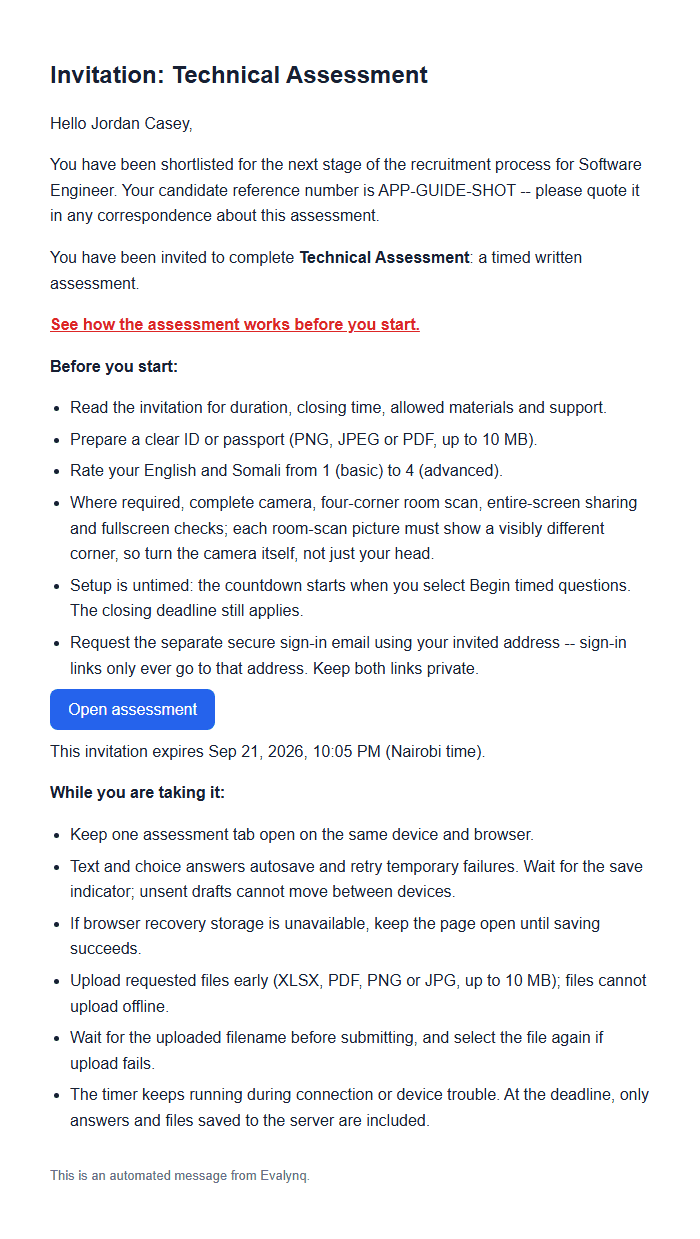 The invitation email, showing the assessment name, an Open assessment button, and the expiry date