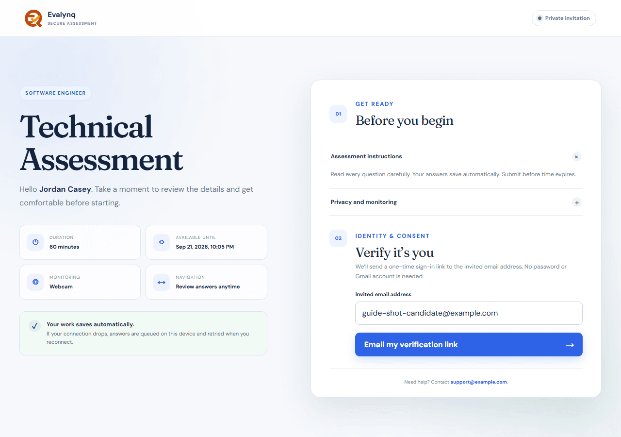 The assessment invitation page, showing the role, duration, and instructions before starting