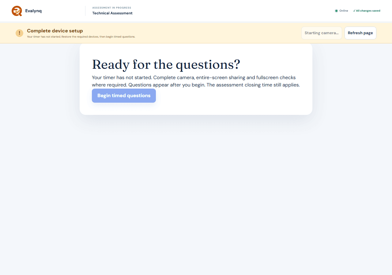 The "Ready for the questions?" screen shown after device setup is complete, with the Begin timed questions button and confirmation that the timer has not started yet