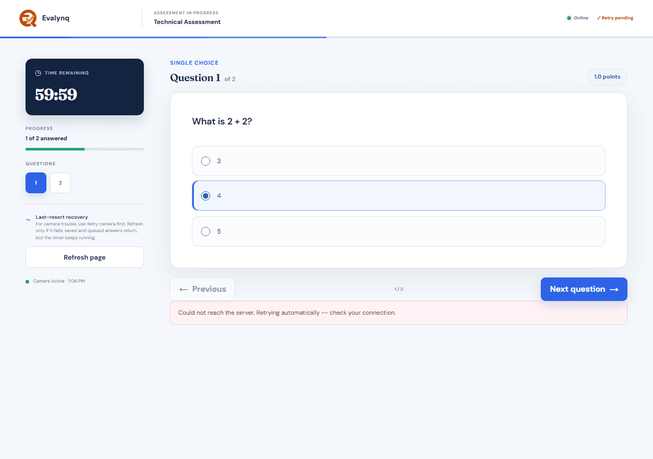 The assessment screen showing a "Retry pending" save status after a brief connection failure, with the Refresh page button visible in the sidebar