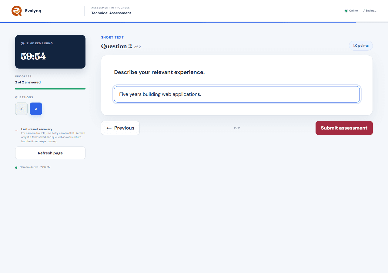 The final question answered, with the Submit assessment button ready to click