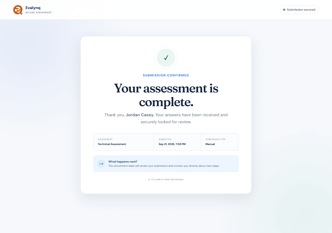 The submission confirmation page, showing the assessment name, submission time, and what happens next
