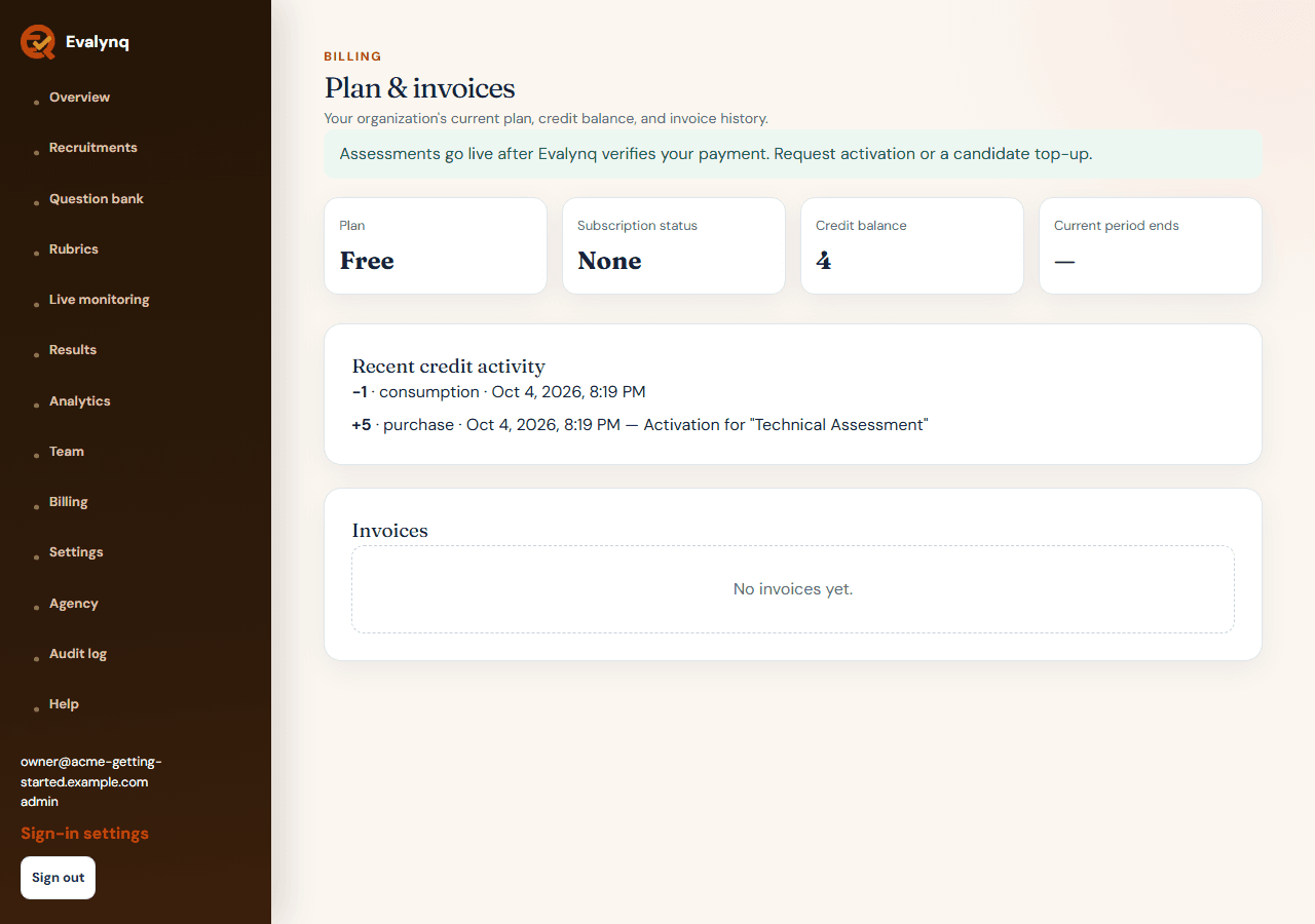 The Billing page, showing the organization's plan, credit balance, and invoice history