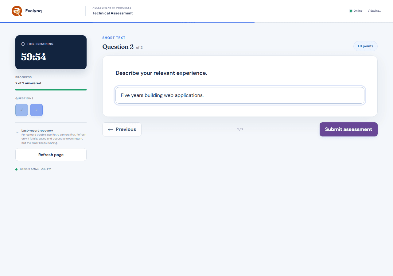 The candidate's own assessment screen, showing the timer, progress, and answer field