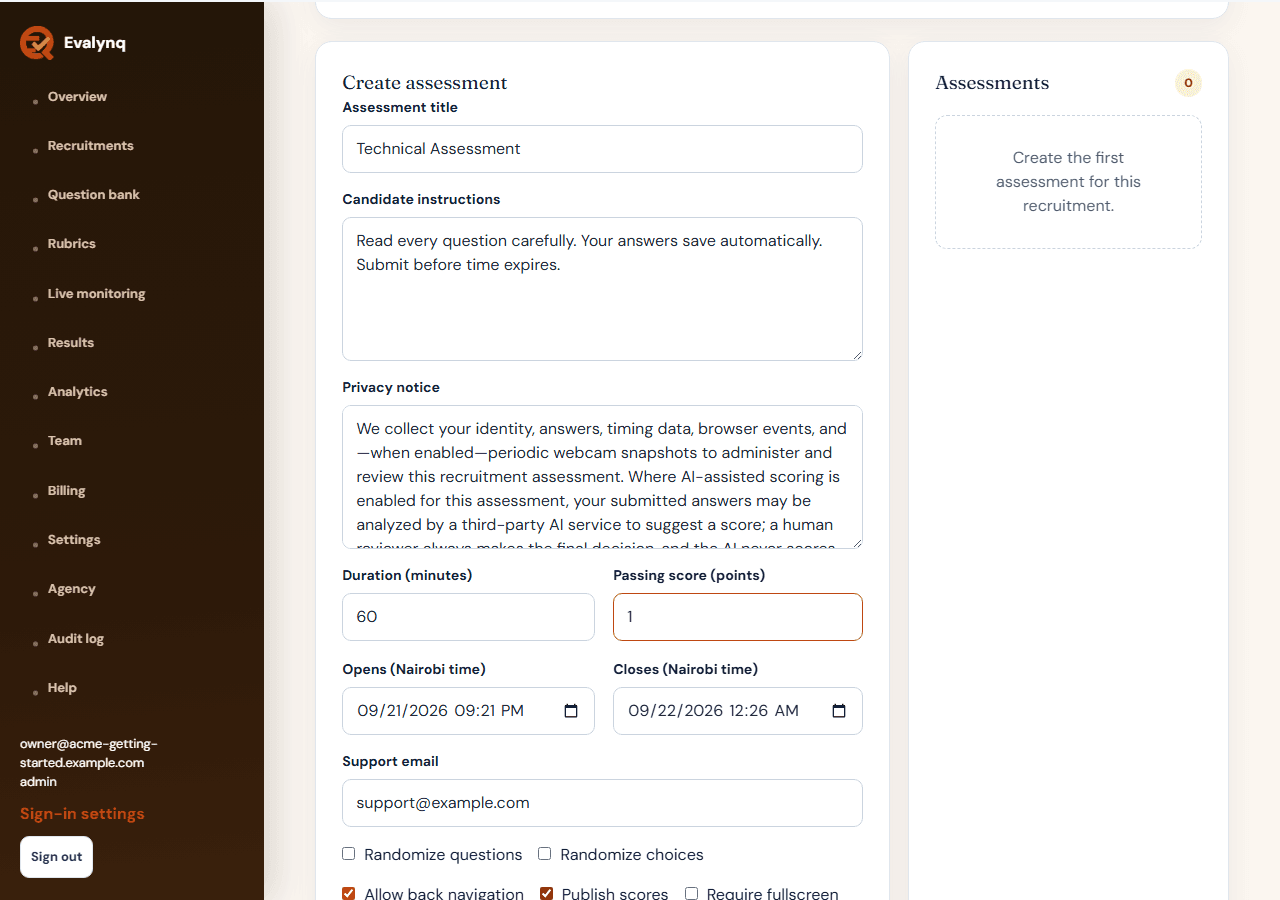 The "Create assessment" form, showing title, opening/closing time, passing score, and monitoring options