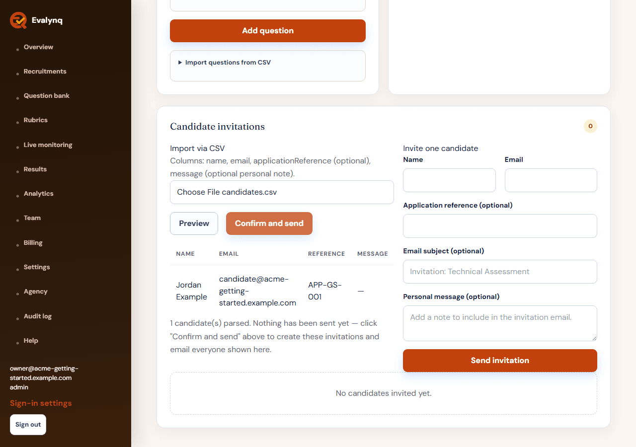 The candidate CSV import preview table, showing who will be invited before anything is sent