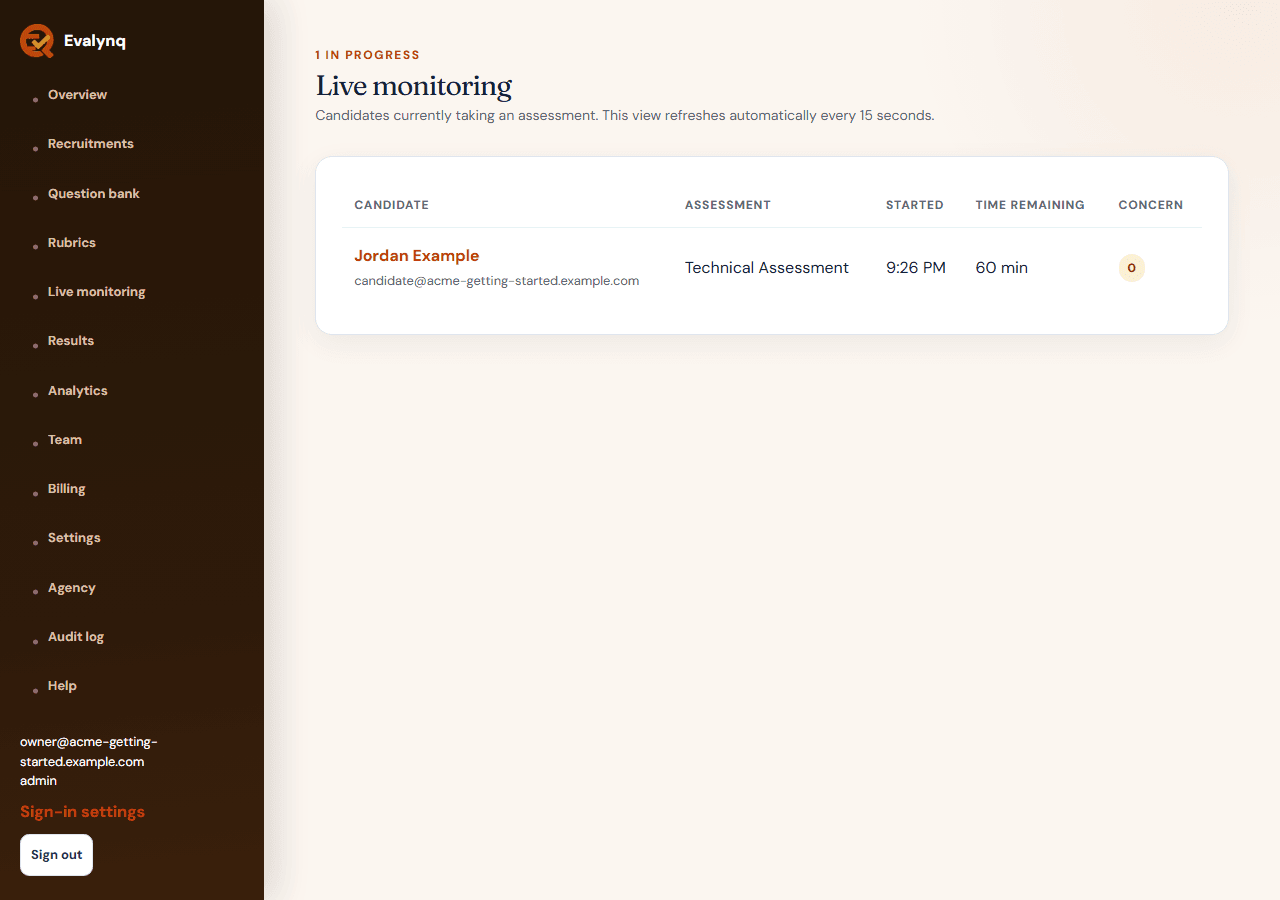 The Live page, showing a candidate's attempt currently in progress with elapsed time