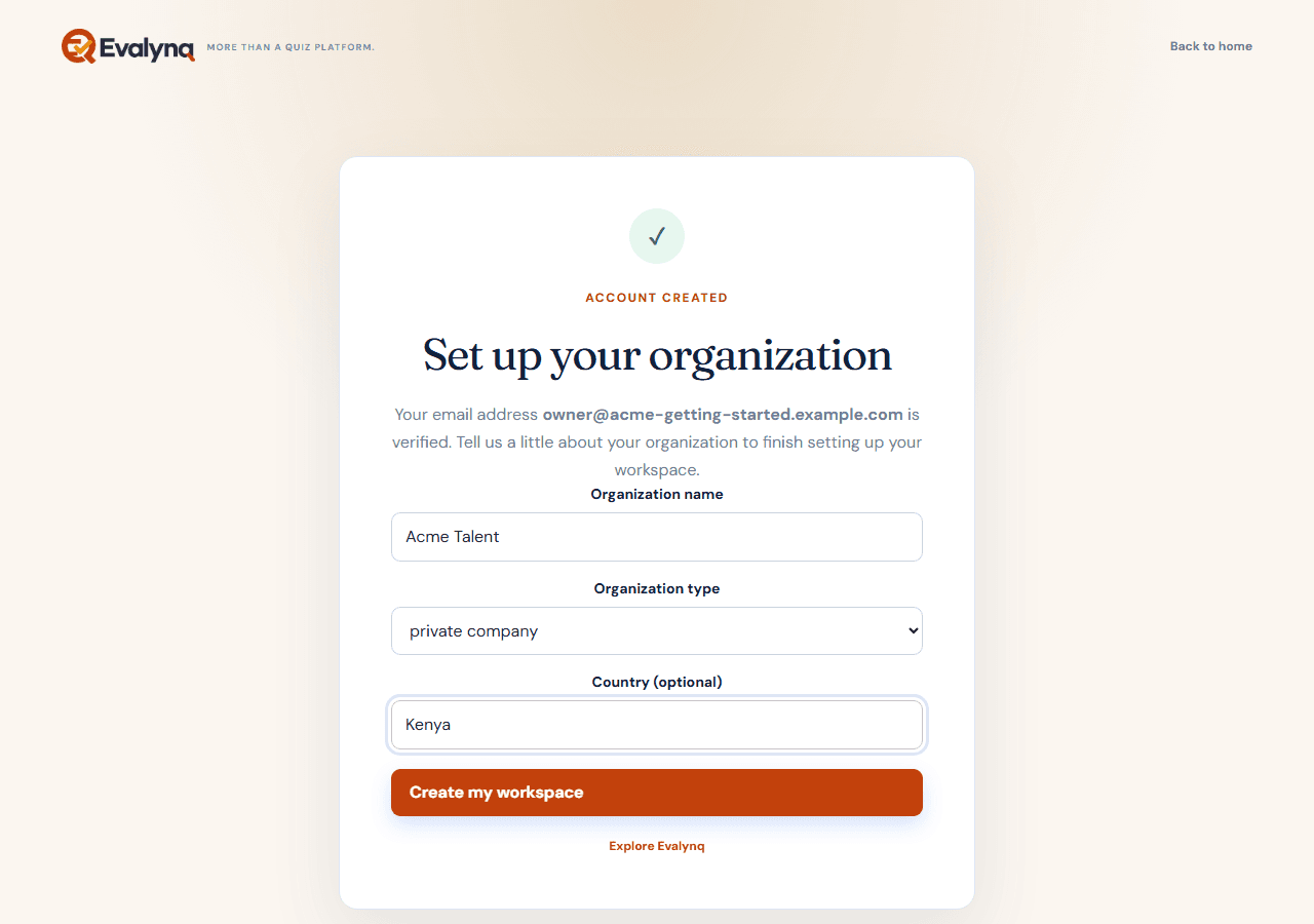 The "Set up your organization" form, showing organization name, type, and country fields