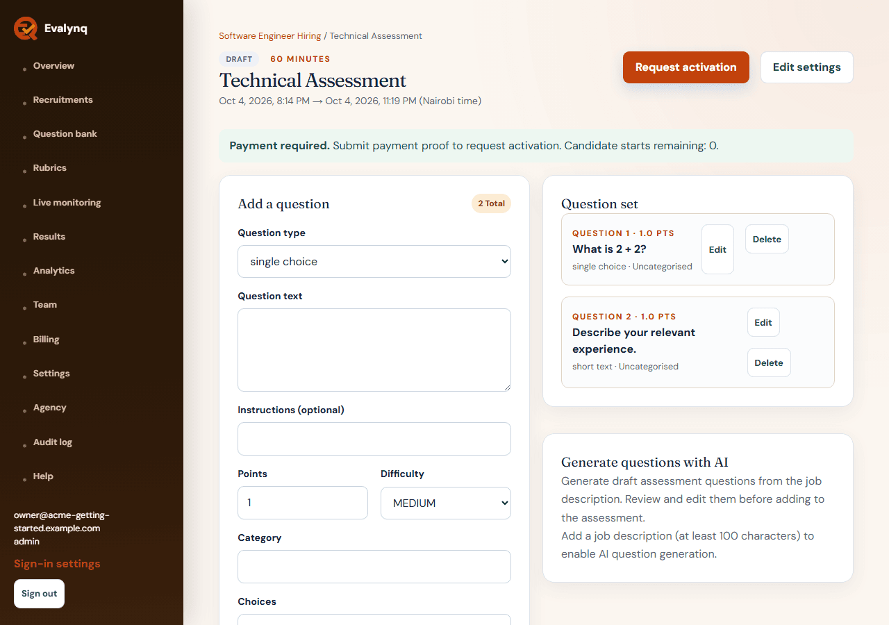 The assessment page with every question added, ready for activation