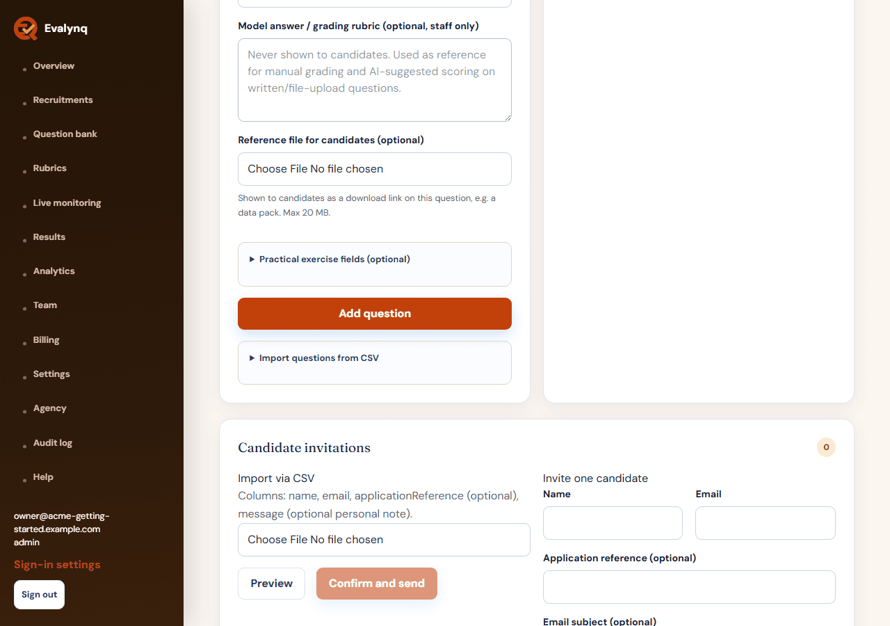 The assessment page with two questions added, and the add-question form ready for the next one