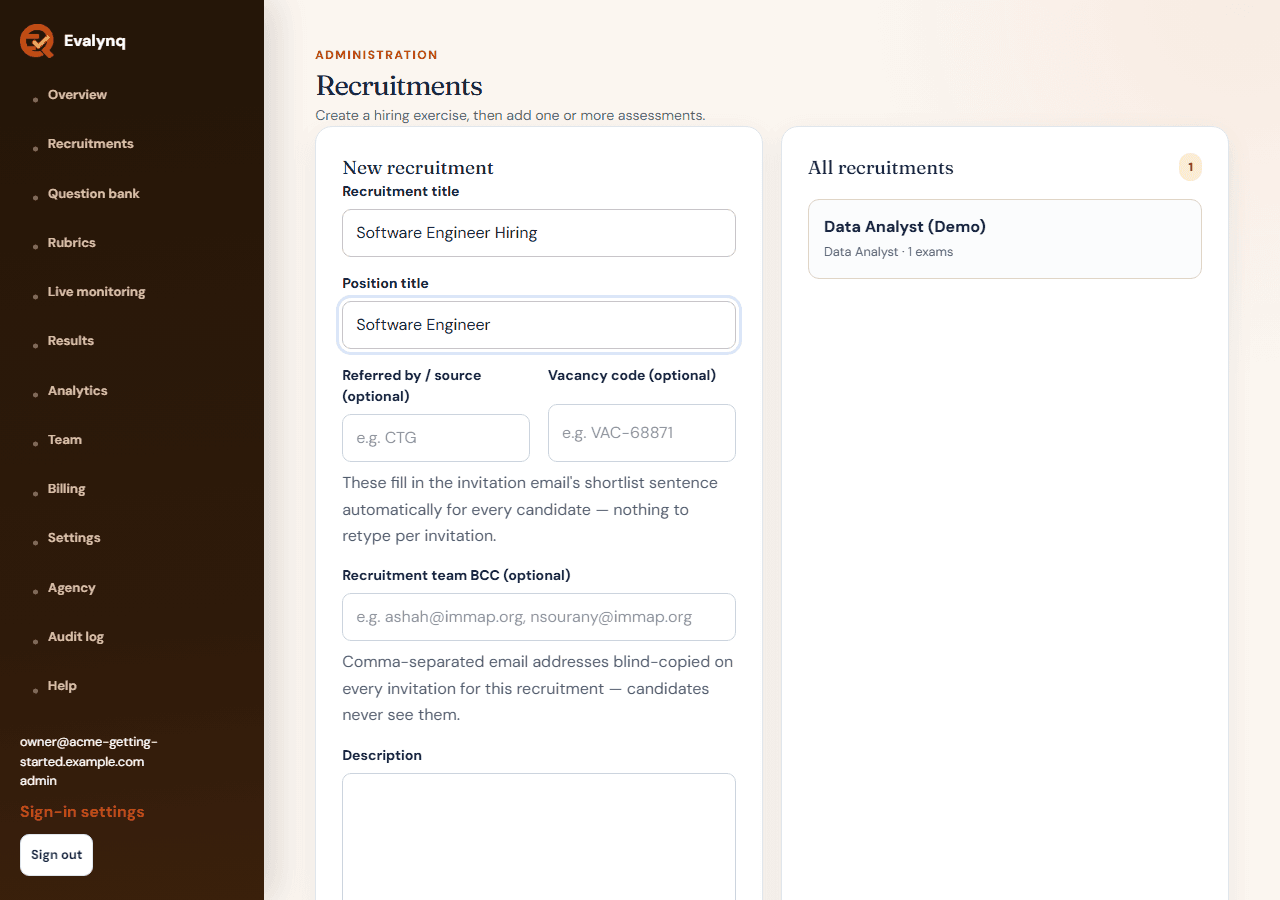 The recruitment creation form, filled in with a title and position title