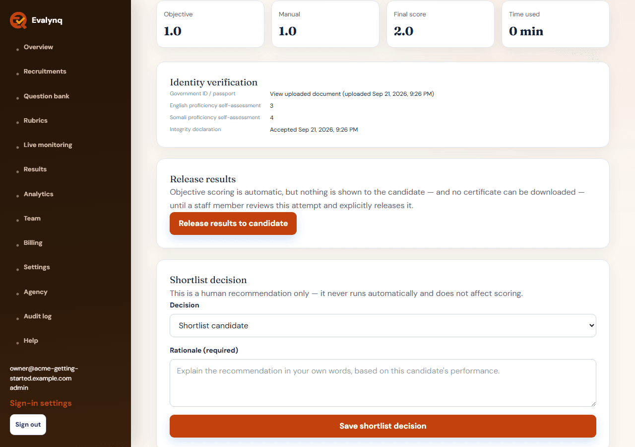 The results detail page, showing the completed grading review and the Release results to candidate button