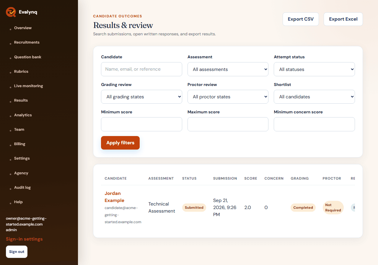 The results list page, showing filters and the CSV/Excel export options