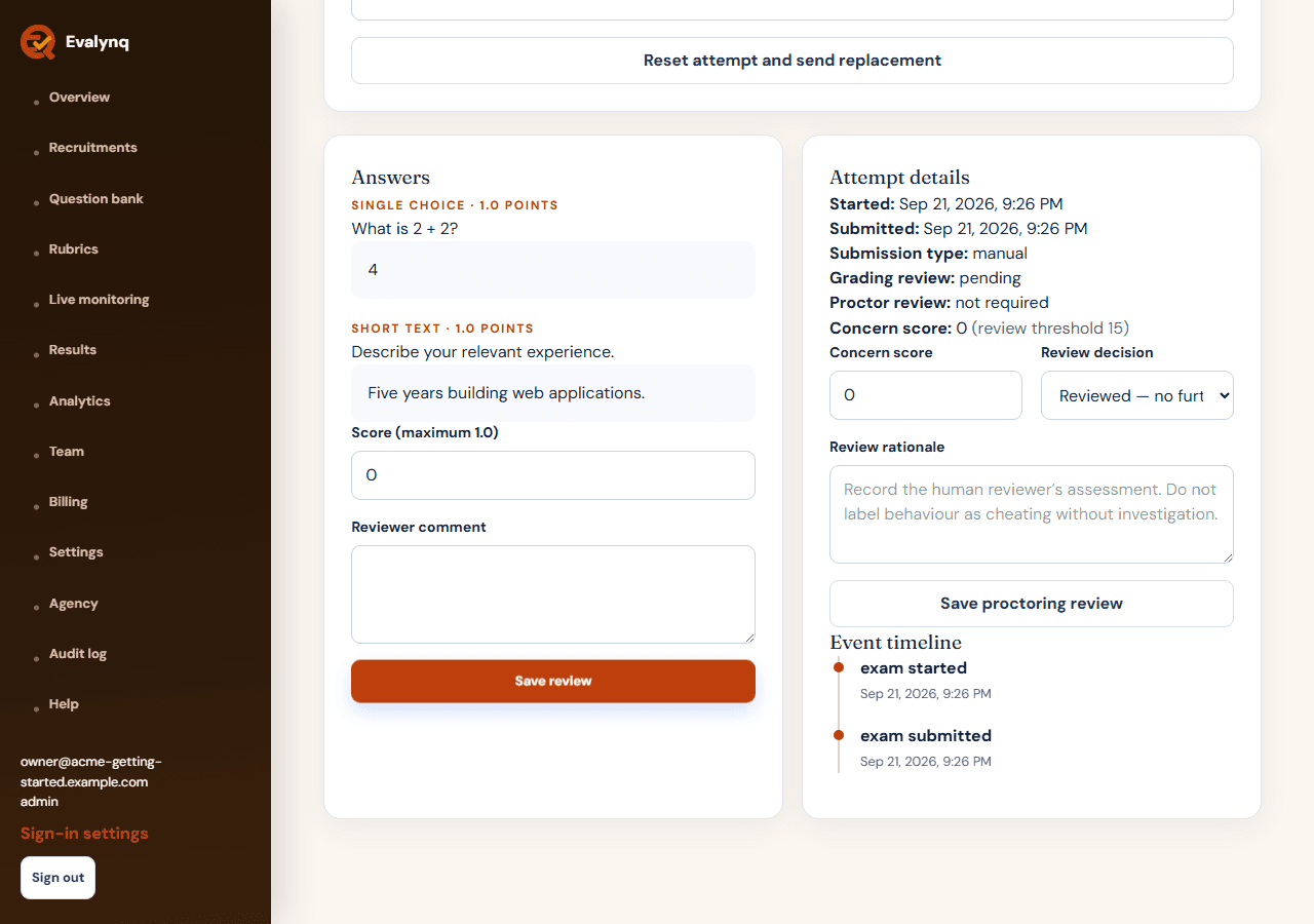The results detail page, showing a candidate's written answer with the manual scoring form