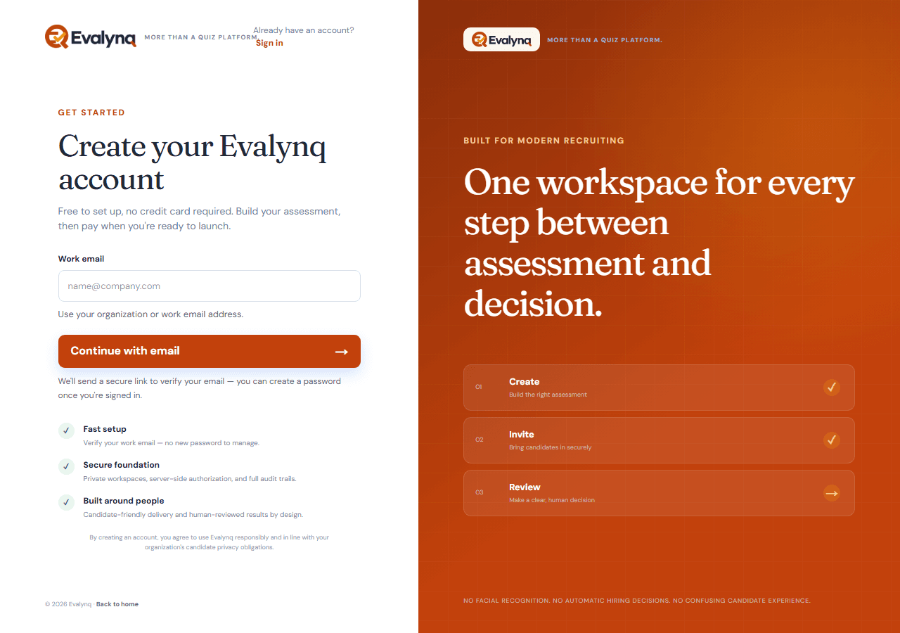 The Evalynq sign-up page, showing the work-email signup form