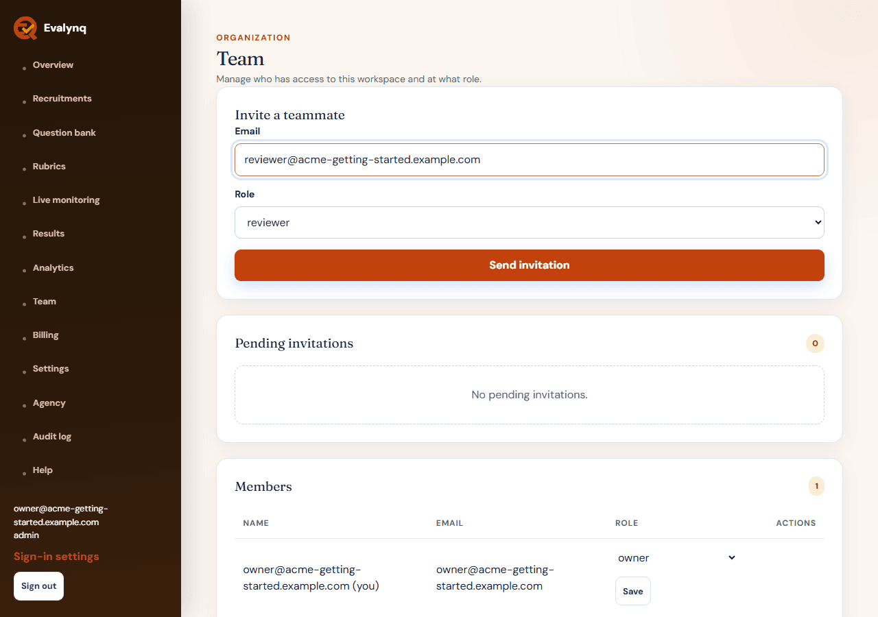 The Team page, showing the invite-a-teammate form and role selector